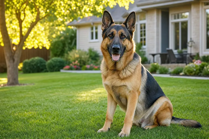 A happy German Shepherd sitting in a freshly cleaned spring yard