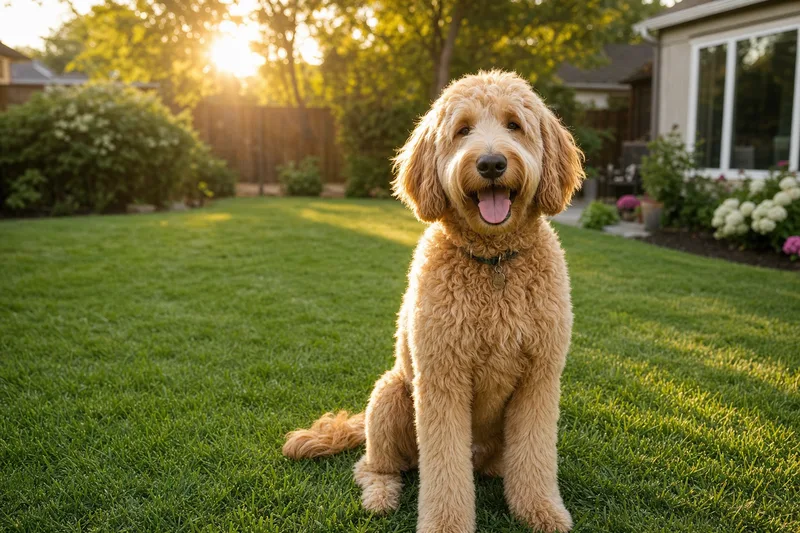 A happy Goldendoodle sitting on a healthy green lawn