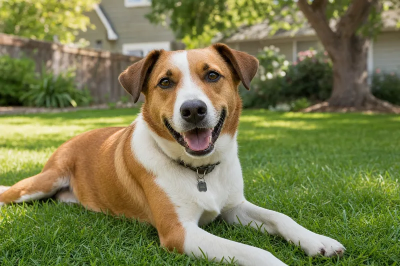 A happy mixed-breed dog resting safely on a clean lawn