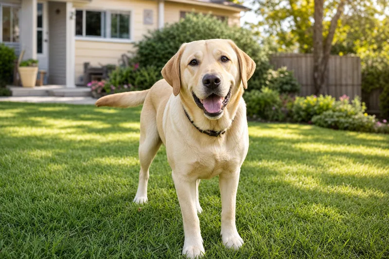 A happy yellow Labrador standing in a clean, freshly scooped backyard